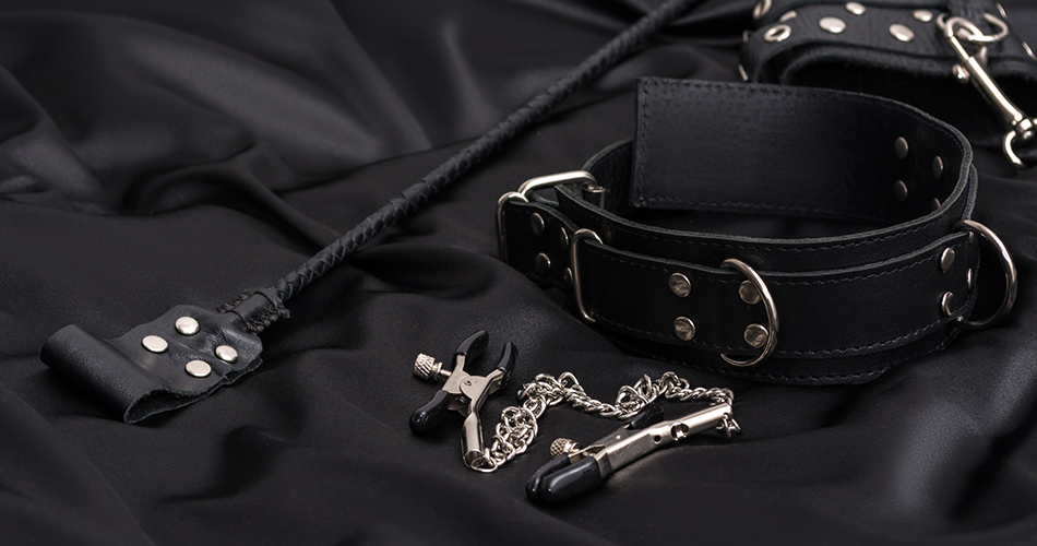 BDSM Nipple Clamps, Collar & Whip